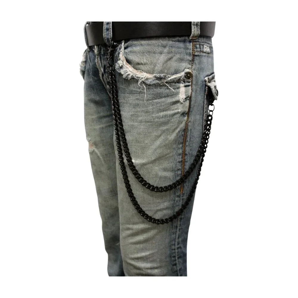 Men Women Black Metal Long Wallet Jeans Chain Links Fashion Jewelry 2 Strands